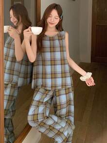 Livesso Women's Plaid Vest And Pants Pajama Set - Purple - View 1