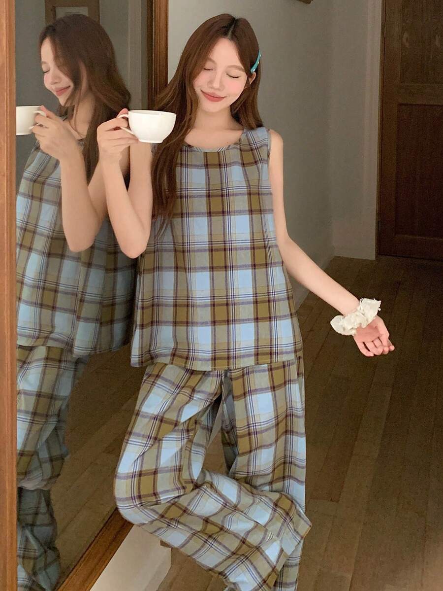 Livesso Women's Plaid Vest And Pants Pajama Set - Purple - View 1