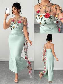 Elenzga Đầm maxi ôm sát không tay dành cho nữ cỡ lớn, chất liệu vải dệt kim thêu họa tiết lưới, dáng rộng, xẻ tà, thích hợp mặc hàng ngày, dự tiệc, đám cưới, dã ngoại, đi biển, màu xanh lá cây. - màu xanh lá - Xem 4