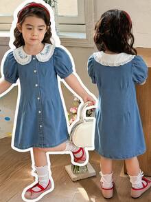 Genkimix Kids Đầm denim cho bé gái với cổ áo Peter Pan - Rửa trung bình - Xem 1