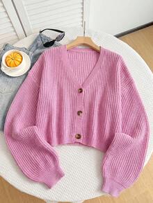 SHEIN EZwear 大码浅粉色休闲日常罗纹针织纽扣开衫 - 淺粉色 - 查看 3
