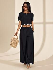 SHEIN PETITE Bộ đồ nữ 2 mảnh gồm áo ngắn tay cổ tròn phối màu tương phản và quần dài, bộ đồ thời trang đi nghỉ mát, áo ngắn tay viền ren phối màu tương phản và quần dài, phù hợp mọi mùa, bộ đồ màu đen cho nữ, bộ đồ không tay và quần dài 2 mảnh, quần áo nữ mùa thu, trang phục công sở thường ngày cho nữ, bộ đồ quần ống rộng 2 mảnh cho nữ, áo viền ren lượn sóng màu đen thường ngày mùa hè, trang phục nghỉ lễ kiểu Pháp mùa hè, bộ đồ mùa xuân, trang phục mùa xuân cho nữ, bộ đồ ngày Valentine, bộ đồ năm mới, bộ quần ống rộng hai mảnh tay ngắn cho nữ - màu đen - Xem 7