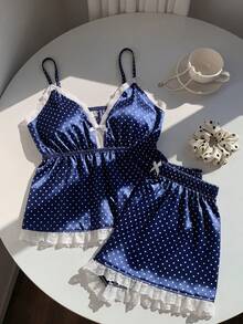 Comfortcana 夏季休闲波点印花蕾丝边吊带背心和短裤套装 - 彩色 - 查看 4