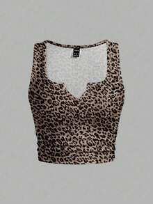 Slaydiva Plus Size Leopard Print Fitted Cropped Tank Top, Suitable For Summer Club Night Beige - White - View 1