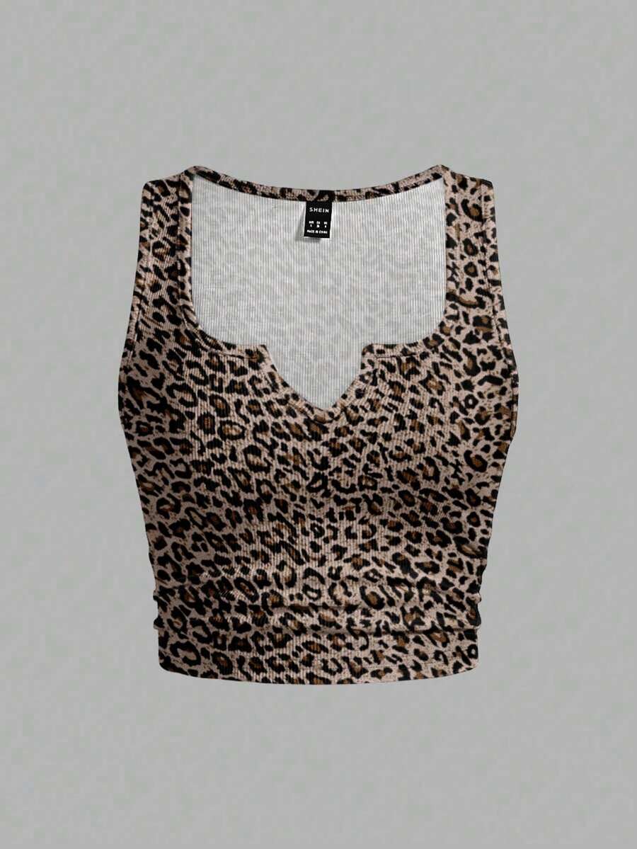 Slaydiva Plus Size Leopard Print Fitted Cropped Tank Top, Suitable For Summer Club Night Beige - White - View 1