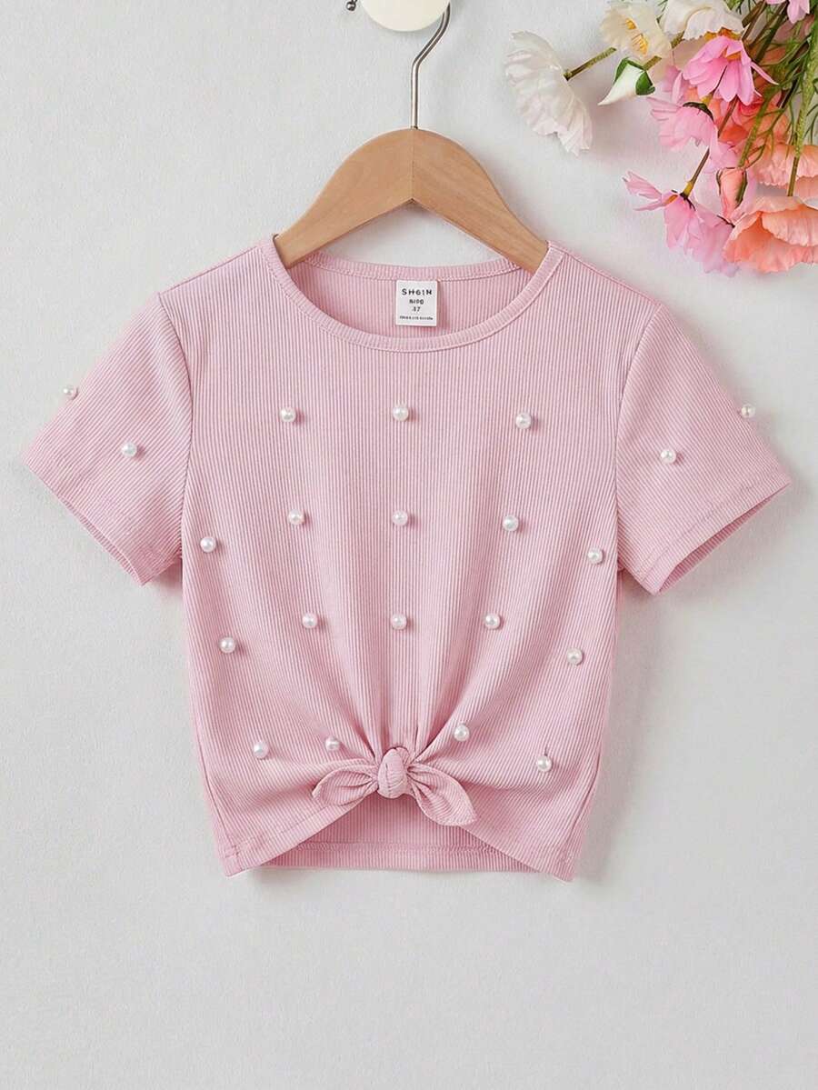 SHEIN 少女珍珠装饰优雅圆领短袖T恤 - 粉色 - 查看 1
