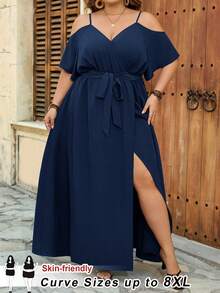 SHEIN CURVE+ Váy cỡ US22 dành cho nữ, thích hợp cho lễ hội âm nhạc, kỳ nghỉ biển, phong cách bohemian, màu trơn, hở vai, xẻ tà cao, có thắt lưng. - Màu xanh hải quân - Xem 8
