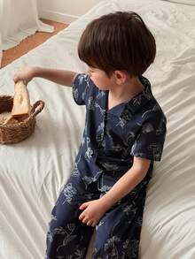 DAZY Bộ quần áo thường ngày rộng rãi, in họa tiết, cổ chữ V cho bé trai (cỡ nhỏ), đồ mặc nhà. - Màu xanh hải quân - Xem 4