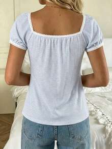 CovetEZ Áo thun cổ vuông tay cánh hoa in sọc xanh dương, thắt nơ phía trước, thích hợp cho mùa hè. - Nhiều màu - Xem 2