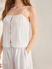 Ocili Leisure Comfortable Cotton Cutout Bohemian Soft Camisole Pants Set, Relaxed Minimalist Drawstring Chic Autumn Pajamas For Women - White - View 5
