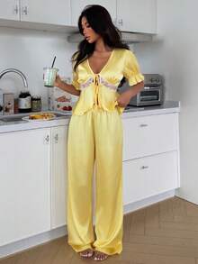 Livesso Women's Comfortable Casual Satin & Lace Patchwork Tie Cuff Blouse And Loose Pants Pajama Set Summer - Yellow - View 5
