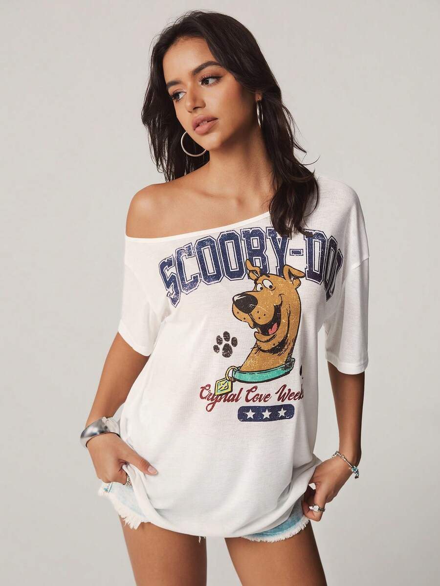 SCOOBY-DOO X SHEIN Women's Fashionable Versatile Asymmetrical Shoulder Letter Print Blouse - White - View 1