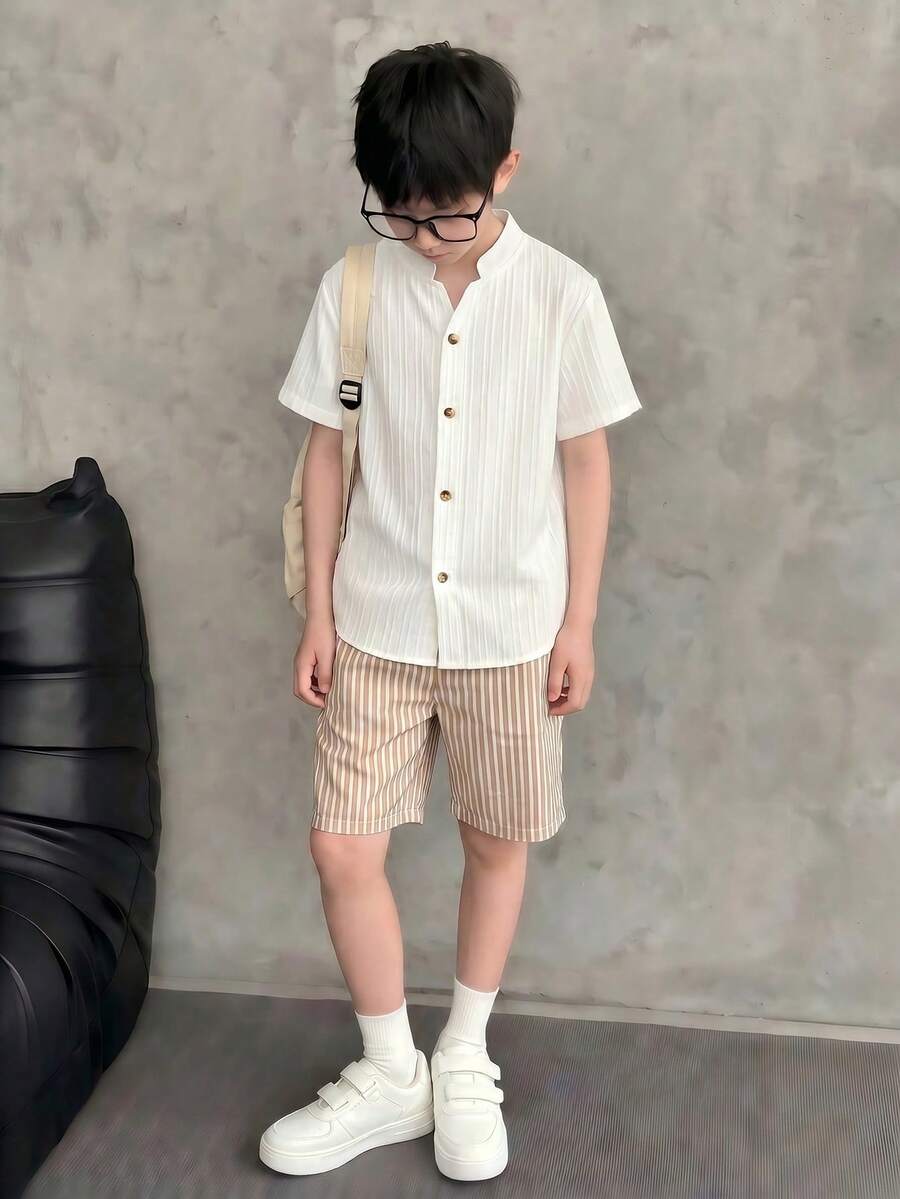 2pcs Set Casual Textured Fabric Half-Placket Shirt & Striped Shorts For Teenage Boys, Comfortable For Daily, Commute, Vacation - Khaki - View 1