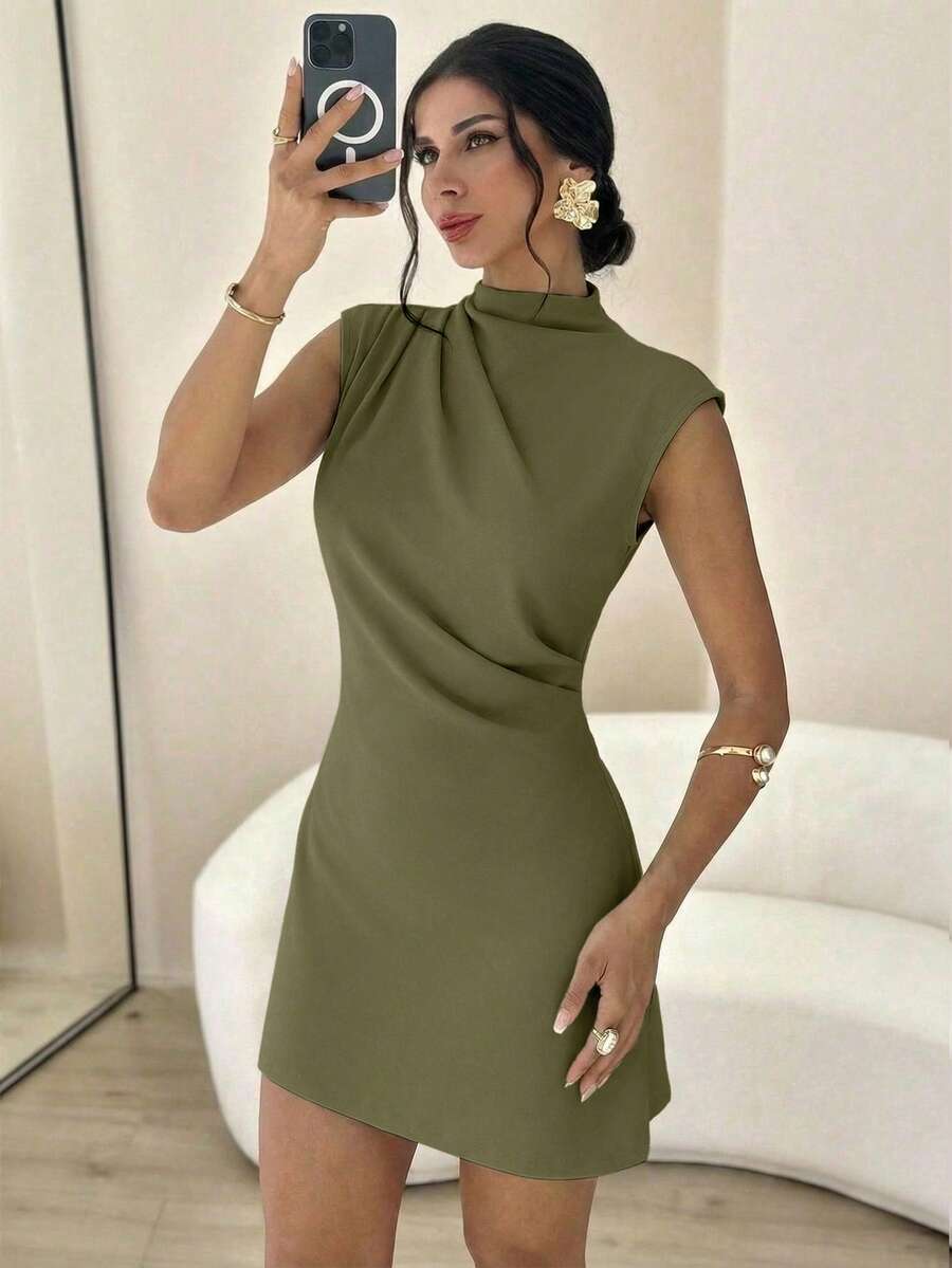 Firerie Women's Elegant Minimalist Casual Daily Commute Vacation Fashion New Small Stand Collar Draped Sleeve Cinched Waist A-Line Mini Dress, Apricot Color,Dresses For Women Summer - Army Green - View 1
