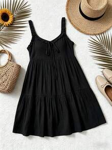 Swim Vcay Women's Summer Beach Solid Color Sleeveless Frill Trim Tie Front Cover Up Dress - Black - View 3
