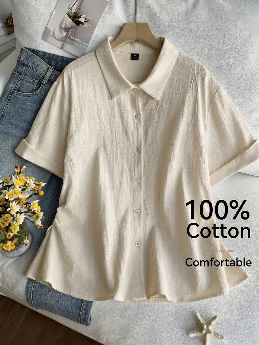 SHEIN Comfortcana Plus Size Casual Solid Color Shirt, Summer - Apricot - View 1