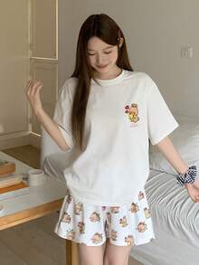 DAZY 2pcs/Set Cute Rabbit Pattern Loose Short Sleeve T-Shirt And Shorts Pajama Set, Summer Women Sleepwear - White - View 5