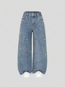 ChillGRL Jeans con adornos de strass estilo Y2K para niñas, pantalones vaqueros de ajuste holgado y pierna acampanada, de tela de mezclilla suave y de moda casual - Azul - Ver 1
