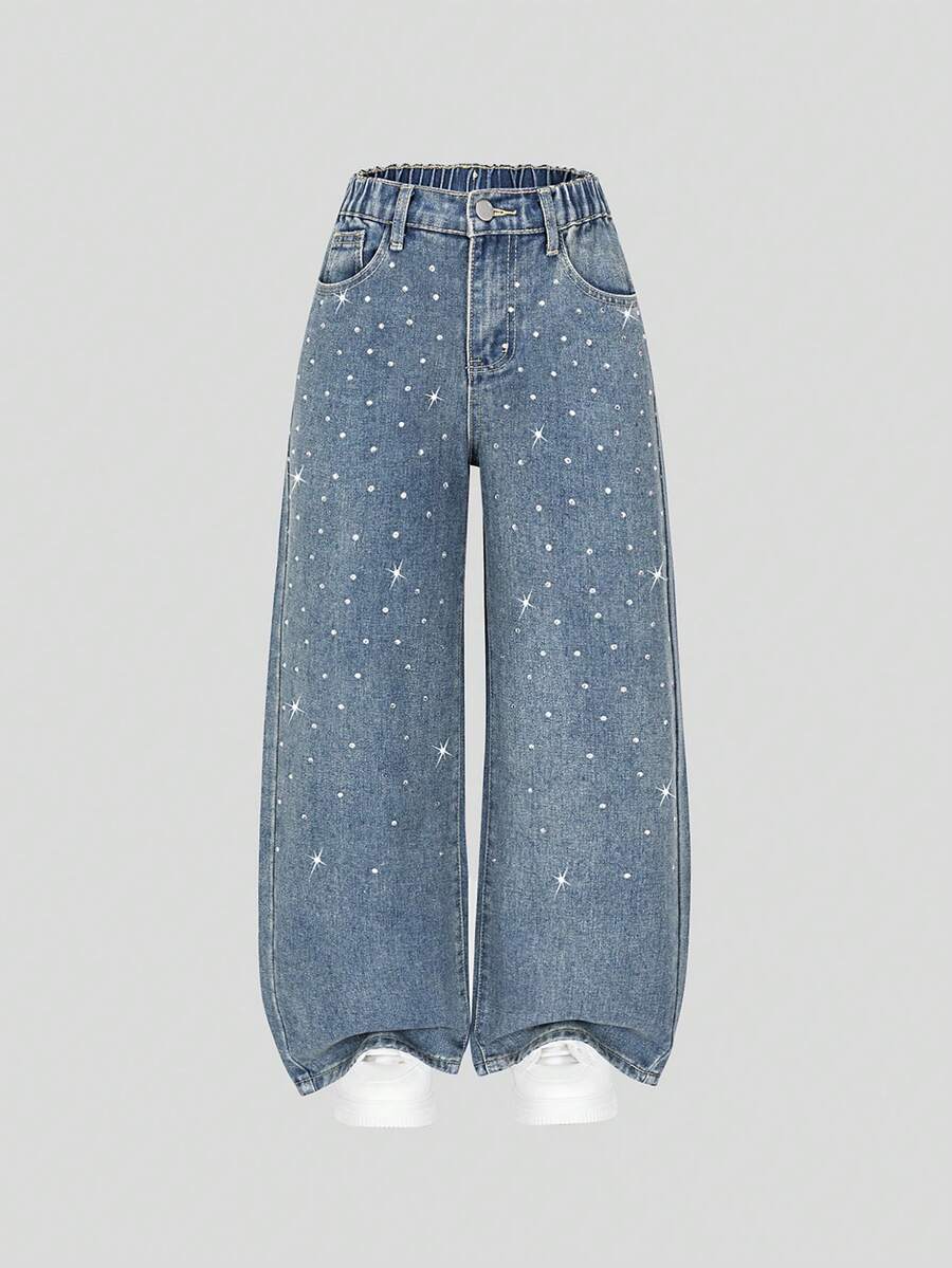ChillGRL Jeans con adornos de strass estilo Y2K para niñas, pantalones vaqueros de ajuste holgado y pierna acampanada, de tela de mezclilla suave y de moda casual - Azul - Ver 1