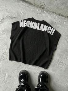 NEON BLANC Camiseta de punto de cuello redondo con estampado de letras, adecuada para el verano - Negro - Ver 5