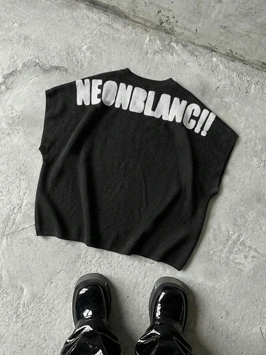 NEON BLANC 男士街頭時尚白色針織圓領字母印花針織背心,適合夏季、度假、父親節禮物、足球 - 黑色 - 查看 1