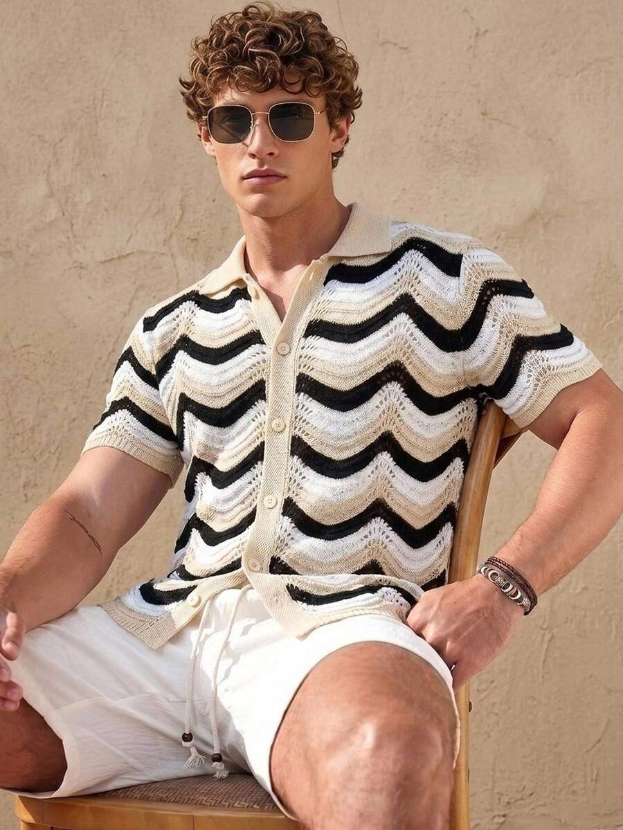 Manfinity RSRT 欧美新晋博主时尚设计休闲度假男士针织衫，春夏渐变黑白波浪针织衫，沙滩度假风针织衫 - 彩色 - 查看 1