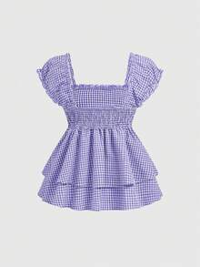 ROMWE Kawaii 可爱蝴蝶结装饰方领A字格子衬衫裙 - 紫色 - 查看 2