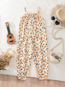 Girls 4-7 Years Casual Summer Jumpsuit, Fashion Beach Babe Print Sleeveless Jumpsuit Pants - Multicolor - View 2