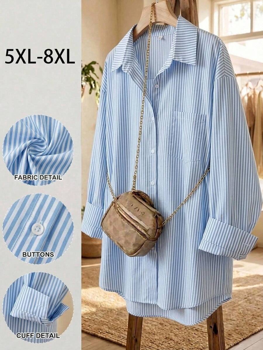 SHEIN CURVE+ Curve 尺码 US22 音乐节、海滨度假、波西米亚风女士长袖休闲条纹衬衫，春夏女装 - 藍色 - 查看 1