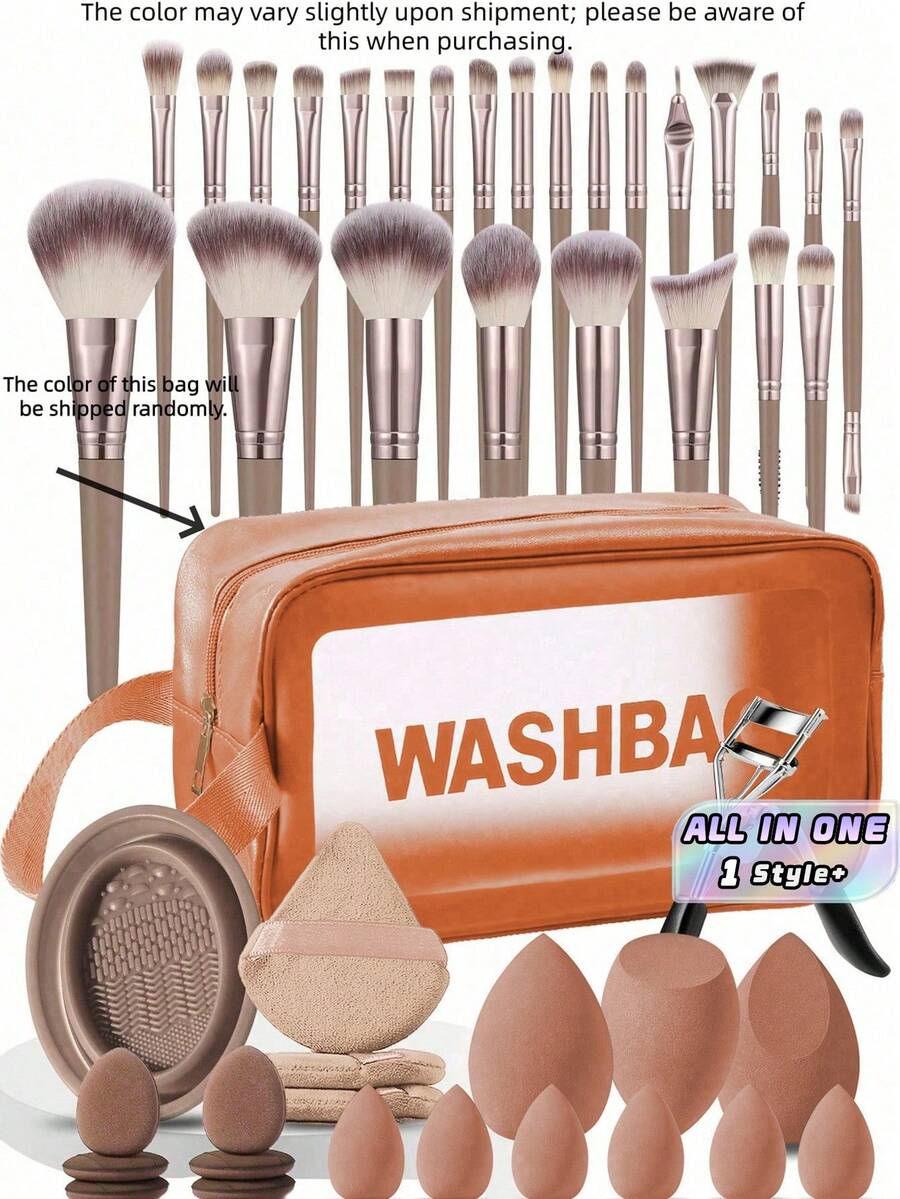 Bộ cọ trang điểm chuyên nghiệp 46 món bao gồm cọ đánh kem nền, phấn phủ, phấn má hồng, phấn mắt, mút trang điểm, túi chống thấm nước và dụng cụ uốn mi, bộ quà tặng trang điểm dành cho người mới bắt đầu. - Nhiều màu - Xem 1