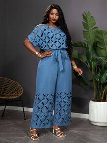 Reflora Plus Size Women's Hollow Out Batwing Sleeve Jumpsuit - Blue - View 7