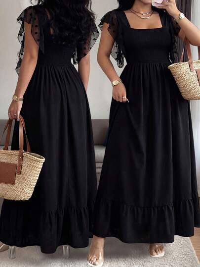 Breezaya Plus Size Women Square Neck Cap Sleeve Casual Vacation Flared Dress