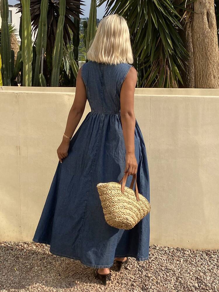 Women's Deep V-Neck Ruched Casual Party & Outing Denim Dress