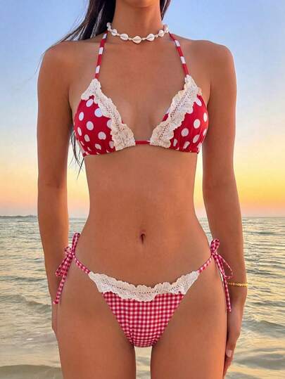 Swim Mod Bộ bikini 2 mảnh phong cách nghỉ dưỡng Pháp dành cho nữ, màu đỏ và trắng tương phản, có thể đảo mặt, dây đeo kẻ caro, cúp ngực tam giác, eo ren có dây rút, quần cạp thấp, phong cách thời trang nghỉ dưỡng bãi biển Pháp, thích hợp cho chụp ảnh kỷ niệm mùa xuân và lễ Phục sinh.