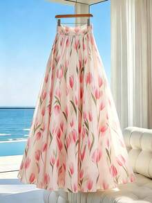 SHEIN Franclia Chân váy nữ kiểu Pháp lãng mạn in hình hoa tulip, dáng suông, thích hợp cho kỳ nghỉ. - Hồng - Xem 6