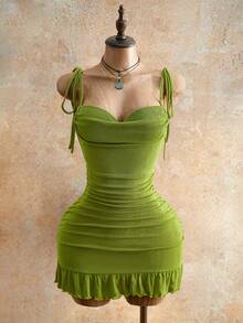 SHEIN PETITE Women's Pastal Summer 70s Retro Sexy Mini Bodycon Dress, Halter Cami Tie Back Night Out Golf Party Dress, Drawstring Detail Club Outfits For Women - Olive Green - View 4