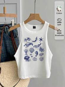 Veykashi Mermaid, Coral, Seashell, Jellyfish Print Plus Size Cropped Camisole With Thick Straps, Suitable For Summer - White - View 3