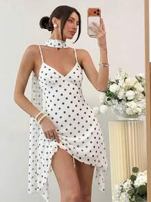 Aloruh Đầm hai dây ngắn xếp ly chấm bi dáng casual tối giản dành cho nữ, thích hợp cho tiệc tùng và đi chơi. - trắng - Xem 6