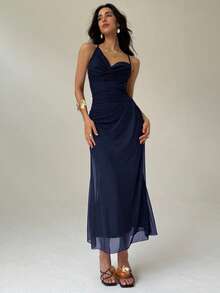 Aloruh Asymmetrical Plunging Neckline Backless Tie-Up Midi Dress, Elegant Date Party Night Night, Navy Blue Summer.Suitable For Wedding Guests,Dresses For Women Summer - Navy Blue - View 3