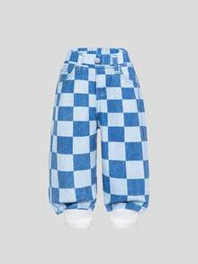 Elladie kids Quần denim kẻ caro dáng rộng, thoải mái, thời trang thường ngày cho bé gái Denimly, cạp chun co giãn, họa tiết kẻ sọc. - Màu xanh lam - Xem 1