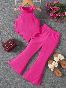 Young Girl Casual Fuchsia Knit Texture Halter Neck Top And Leggings Set - Hot Pink - View 3