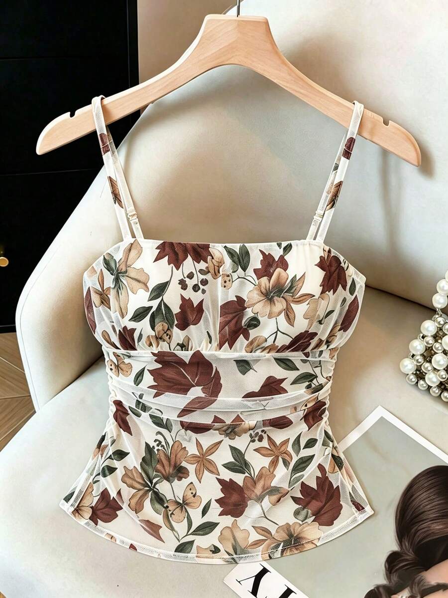 Franclia Women's Casual Floral Print Pleated Camisole For Vacation - Beige - View 1