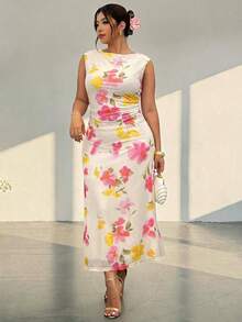 Firerie Plus Size Women's Elegant White Summer Floral Maxi Dress Wedding Guest Vacation Party Tea Graduation Fitted Sleeveless Mesh V-Neck Ruffle - Multicolor - View 2
