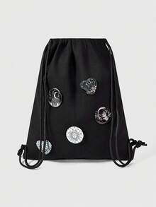ROMWE Grunge Punk 1 pieza Mochila de lona con cordón Y2K estilo gótico con cruz de strass - Mochila casual de calle estilo punk oscuro con decoración de cruz y múltiples bolsillos de gran capacidad, adecuada para festivales de música y conciertos, academias y uso diario, Halloween - Negro - Ver 5
