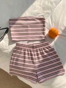 Comfortcana Bộ quần short kẻ sọc phong cách retro thường ngày dành cho nữ, kiểu Mỹ cổ điển, thích hợp mặc ngoài trời. - Nhiều màu - Xem 1