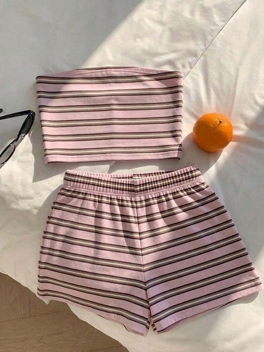 Comfortcana Bộ quần short kẻ sọc phong cách retro thường ngày dành cho nữ, kiểu Mỹ cổ điển, thích hợp mặc ngoài trời. - Nhiều màu - Xem 1