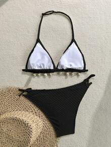 Kids Teen Girls Black Spaghetti Strap Textured Shell Decor Bikini Set,Summer Beach Holiday Backless Triangle Swimwear,Boho - Black - View 2