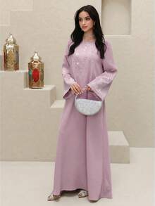 Al Najma Women's Rhinestone Decor Round Neck Long Sleeve Elegant Arabic Style Dress - Mauve Purple - View 9