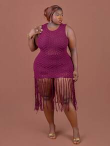 CurvyTilda 2026 Spring/Summer New Arrivals. Elegant And Sophisticated, Perfect For Vacations, Dates, Parties, Dinners, Birthday Parties, Everyday Outings, Wedding Season, Graduation Season, Family Gatherings, French Style, And Parties. Slim-Fit Solid Burgundy, Sleeveless Round Neck, Tassel Hem, Crocheted Jacquard, Plus-Size Long Dress For Women. - Burgundy - View 7