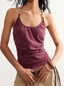 Bohemela Áo tank top cổ yếm dệt kim màu trơn kiểu dáng thường ngày dành cho nữ - Bụi hồng - Xem 4